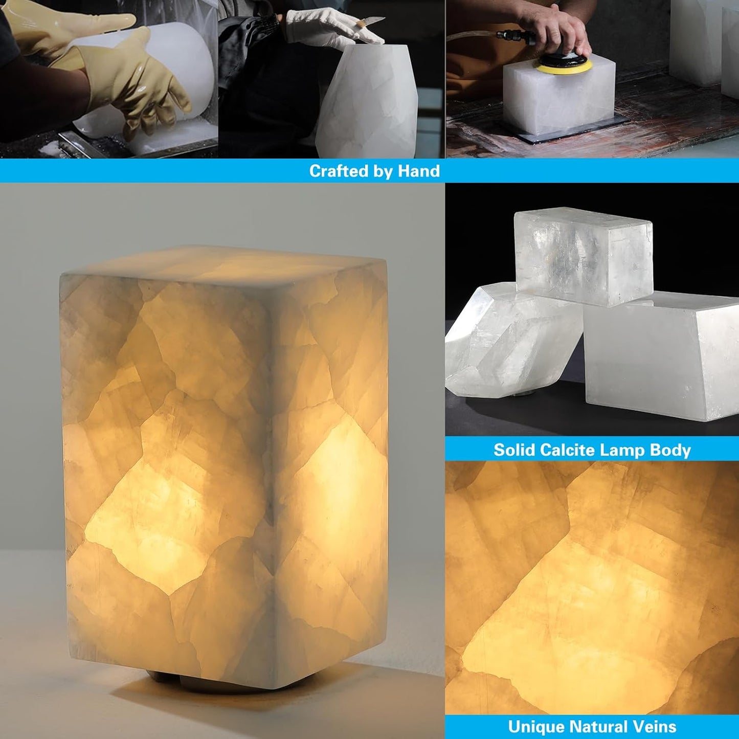 Natural Solid Stone Table Lamp with One-Of-A-Kind Crystal Texture, Small Accent Lamp with 3 Colors Dimmable LED, Unique Lamp for Bedroom Living Room, Cuboid White