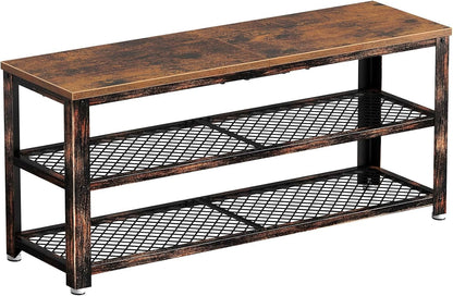 Shoe Bench, 3-Tier Shoe Rack, 39.4” Storage Entry Bench with Mesh Shelves Wood Seat, Rustic Foyer Bench for Hallway Front Door, Doorway, Living Room, Mudroom, Steel Frame, Rustic Brown