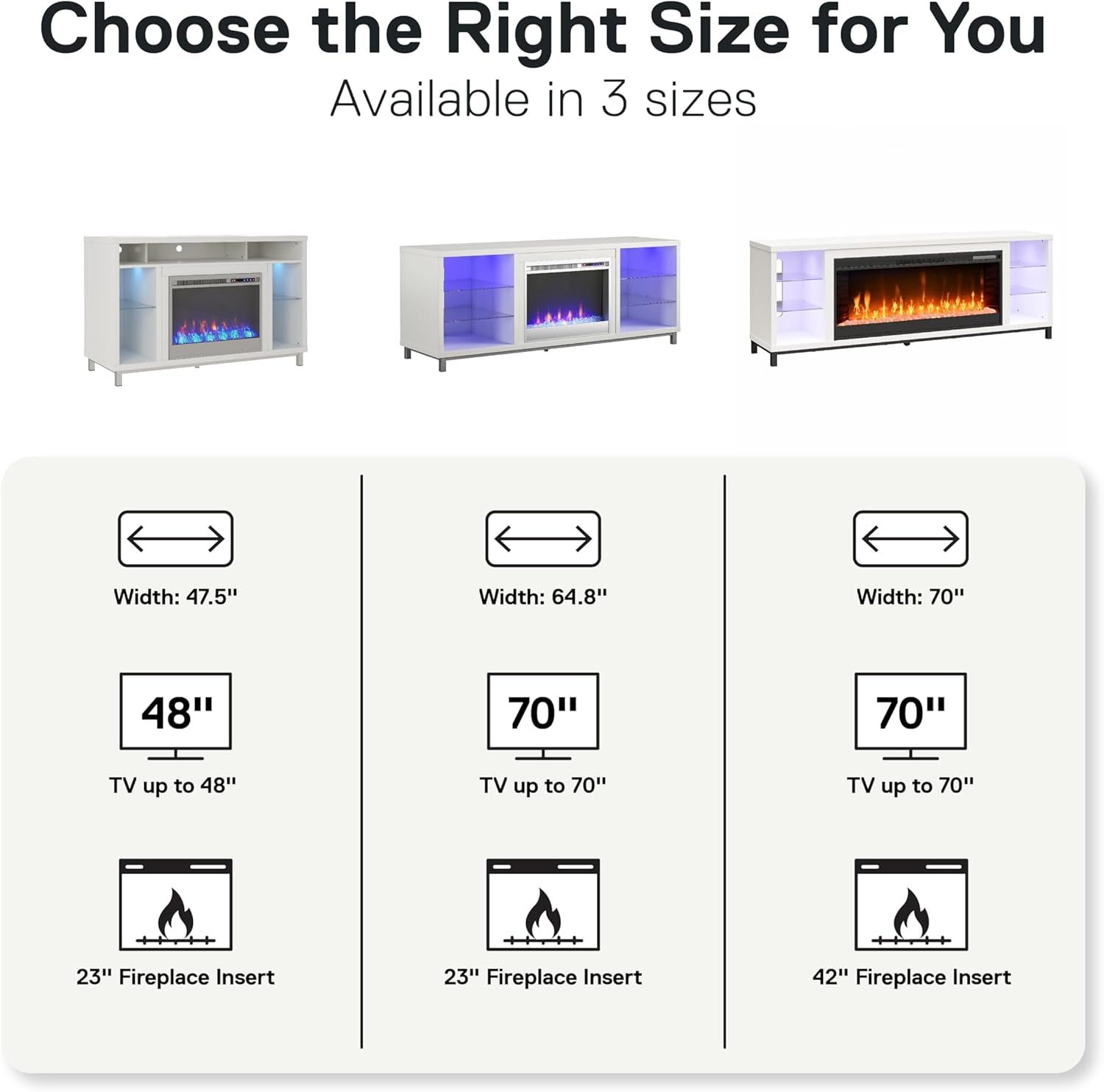 Lumina Fireplace TV Stand for Tvs up to 70 Inch, Replaceable Electric Fireplace Insert Heater, Remote Control, Timer, Color Changing LED Lights, Crystal Ember Flames, White