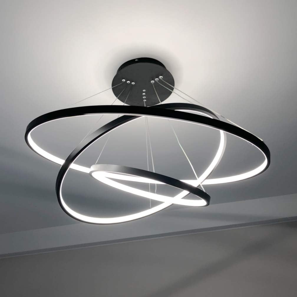 Modern LED Chandelier Lighting Dimmable Ceiling Dining Room Chandeliers Contemporary Living Room Light Fixtures Hanging 3 Ring Foyer Bedroom Pendant Lights Cool White Black