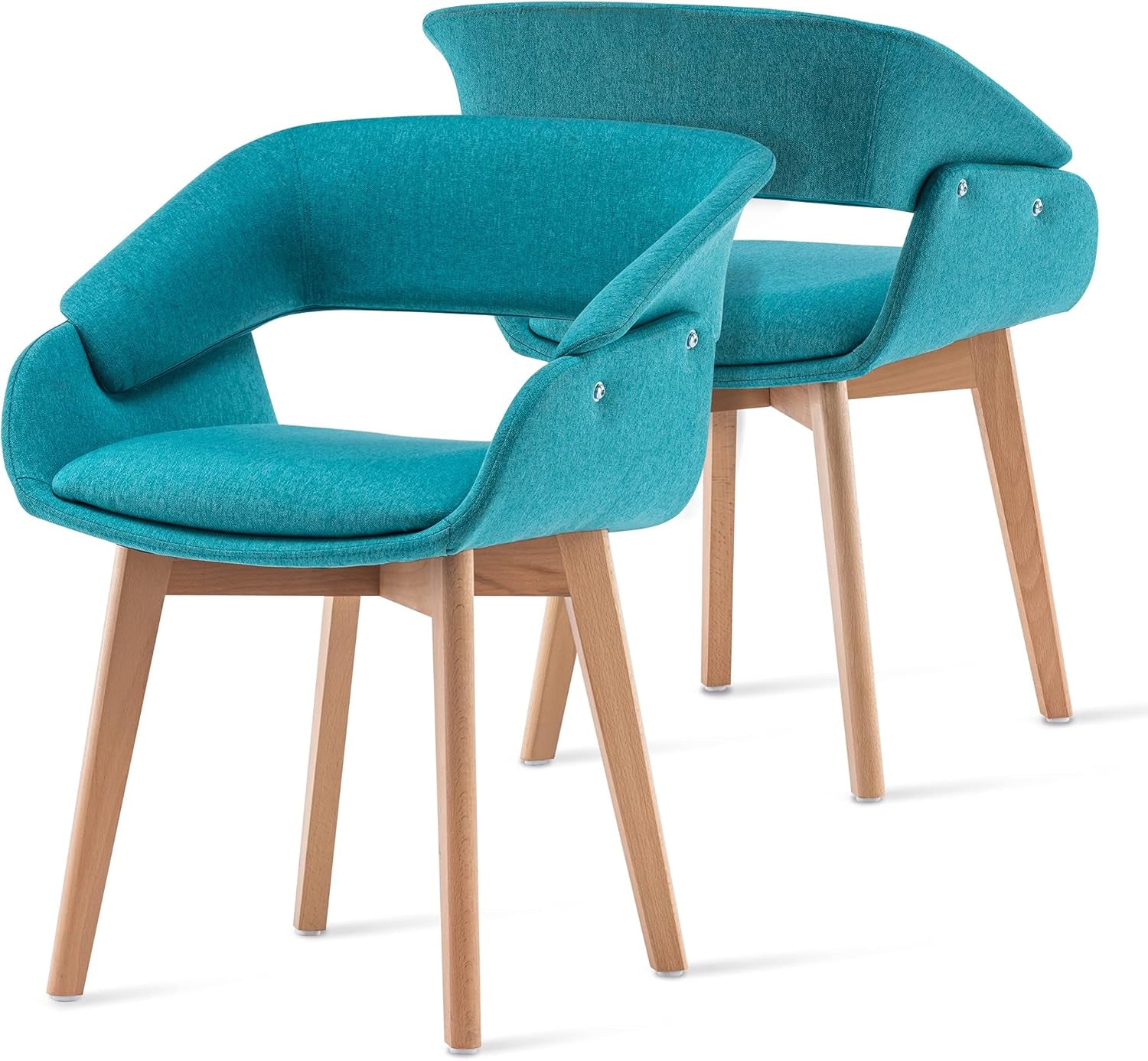 Modern Living Dining Room Accent Arm Chairs Set of 2 Linen Fabric Mid-Century Upholstered Side Seat Club Guest with Solid Wood Legs 9133 (Teal+Cushion)…