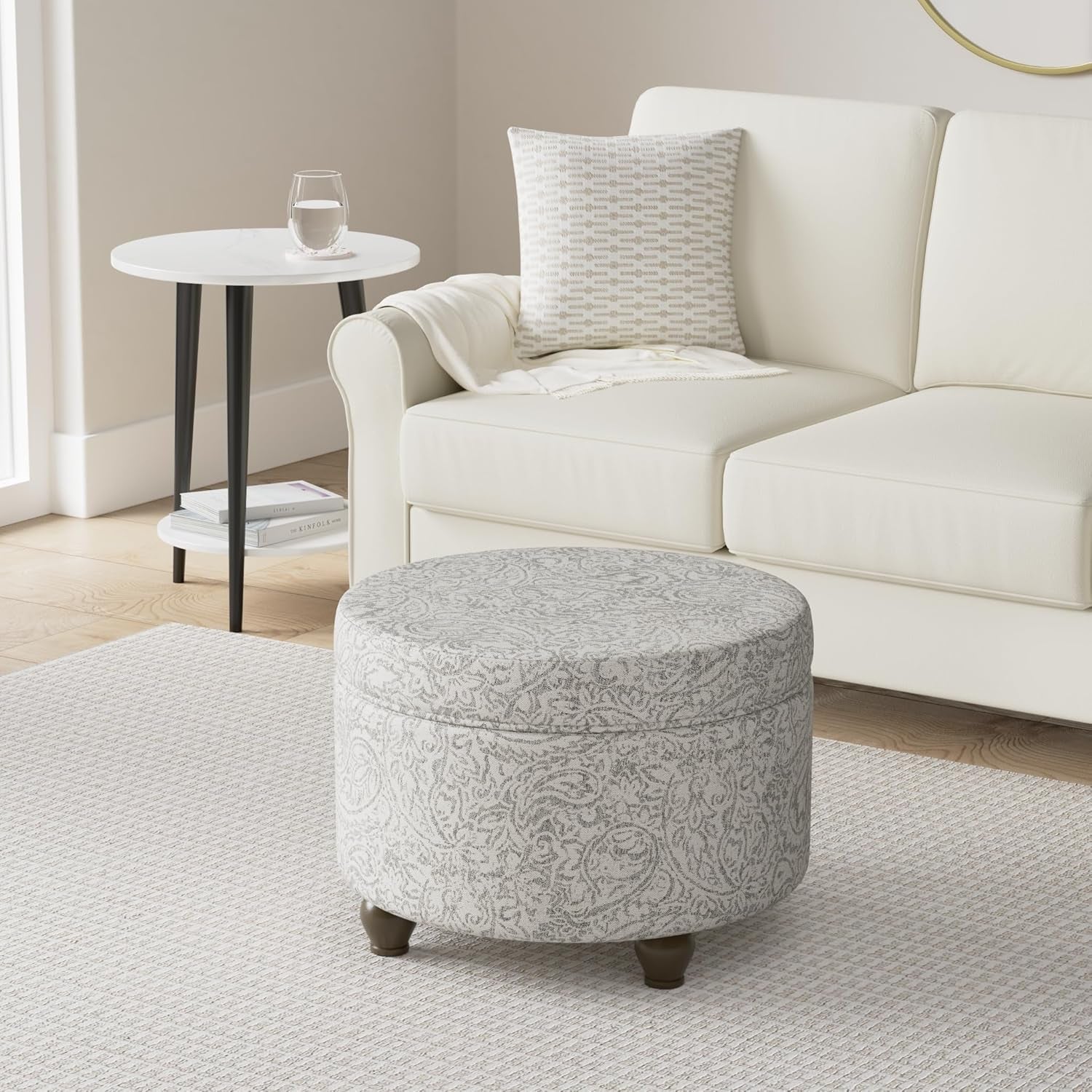 Home Decor | Upholstered round Storage Ottoman | Ottoman with Storage for Living Room & Bedroom, Gray Floral