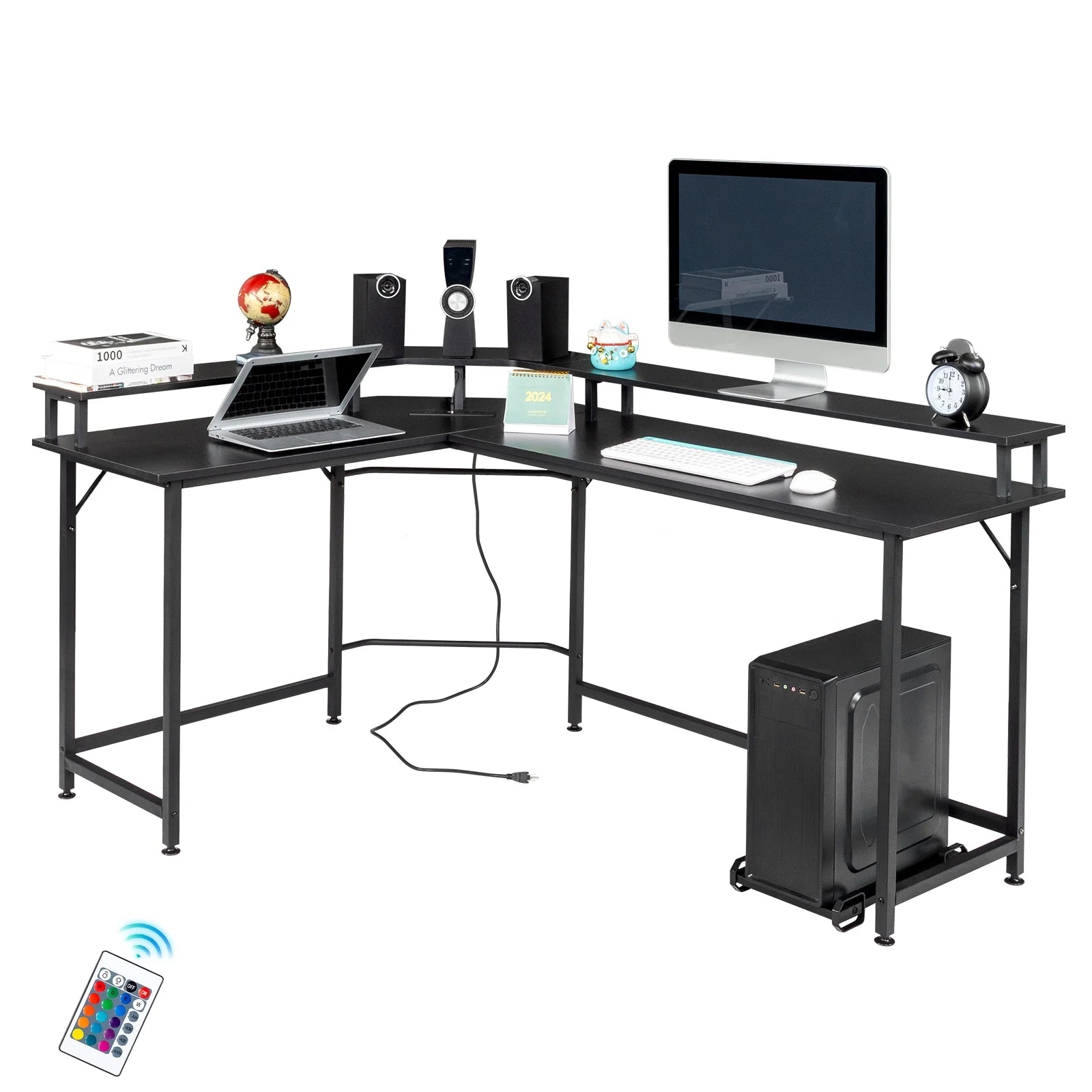 Ktaxon L-Shaped Gaming Desk with USB Wireless Charging, 55" Computer Desk with Monitor Stand, Corner Writing Desk with LED Light, Black