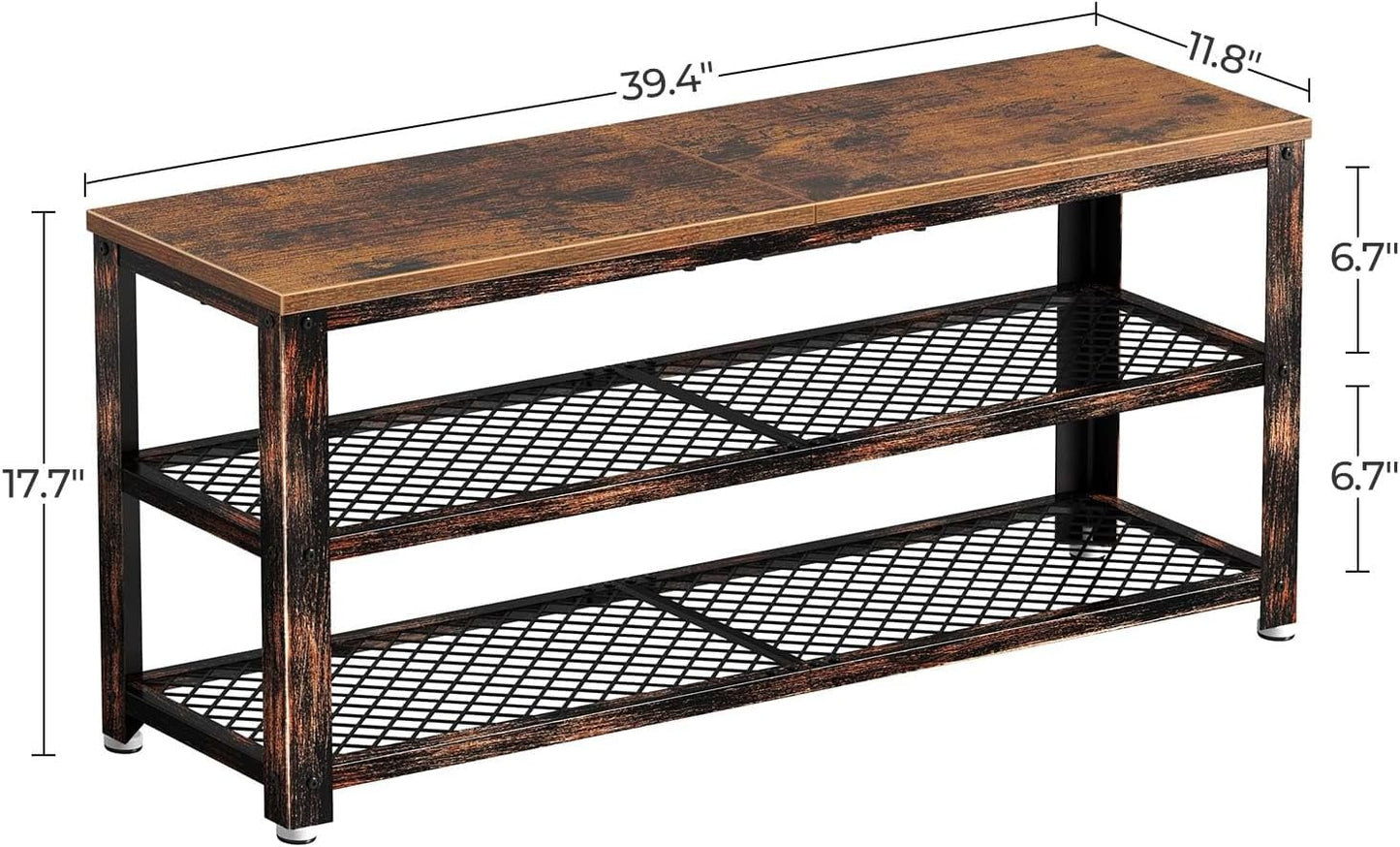 Shoe Bench, 3-Tier Shoe Rack, 39.4” Storage Entry Bench with Mesh Shelves Wood Seat, Rustic Foyer Bench for Hallway Front Door, Doorway, Living Room, Mudroom, Steel Frame, Rustic Brown