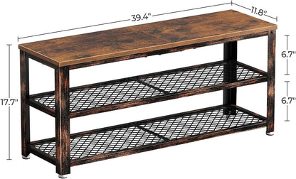 Shoe Bench, 3-Tier Shoe Rack, 39.4” Storage Entry Bench with Mesh Shelves Wood Seat, Rustic Foyer Bench for Hallway Front Door, Doorway, Living Room, Mudroom, Steel Frame, Rustic Brown