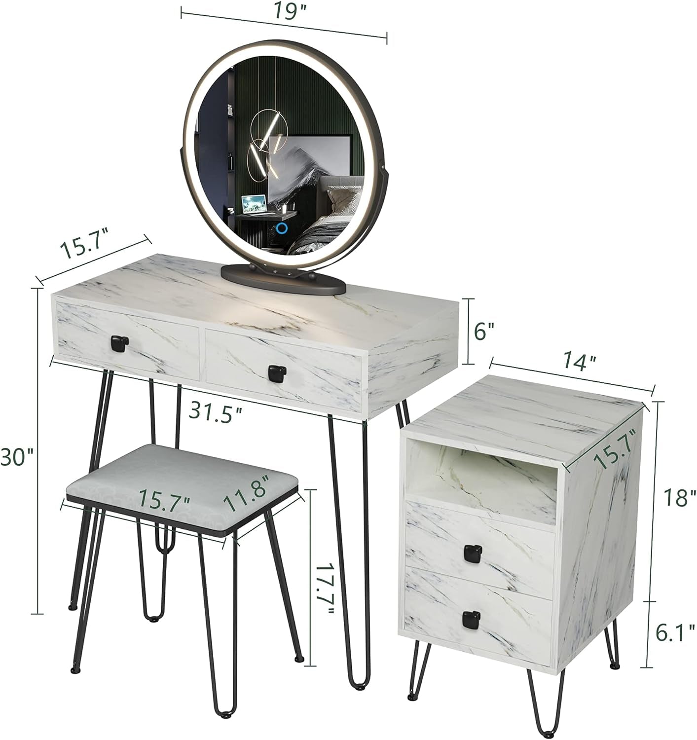 Makeup Vanity with Lights and Stool Dressing Table with Drawers Vanity Desk with Lighted Mirror and Chair Women Dresser for Bedroom (White) (Hg3706-List)