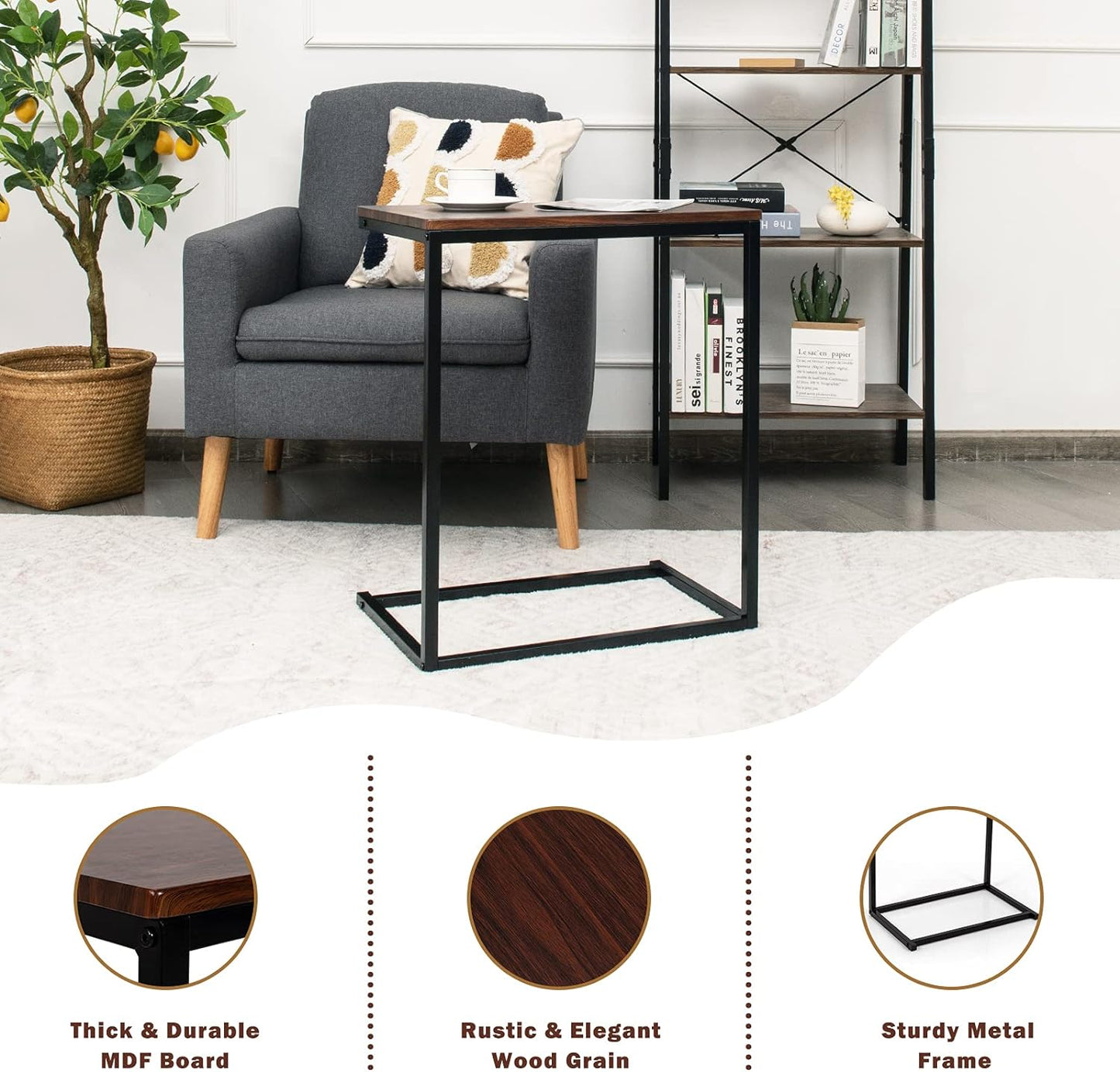 Sofa Side Table C Shaped Table, Vintage Couch Table Sofa Side Table for Coffee Snack Laptop, Living Room TV Tray End Table