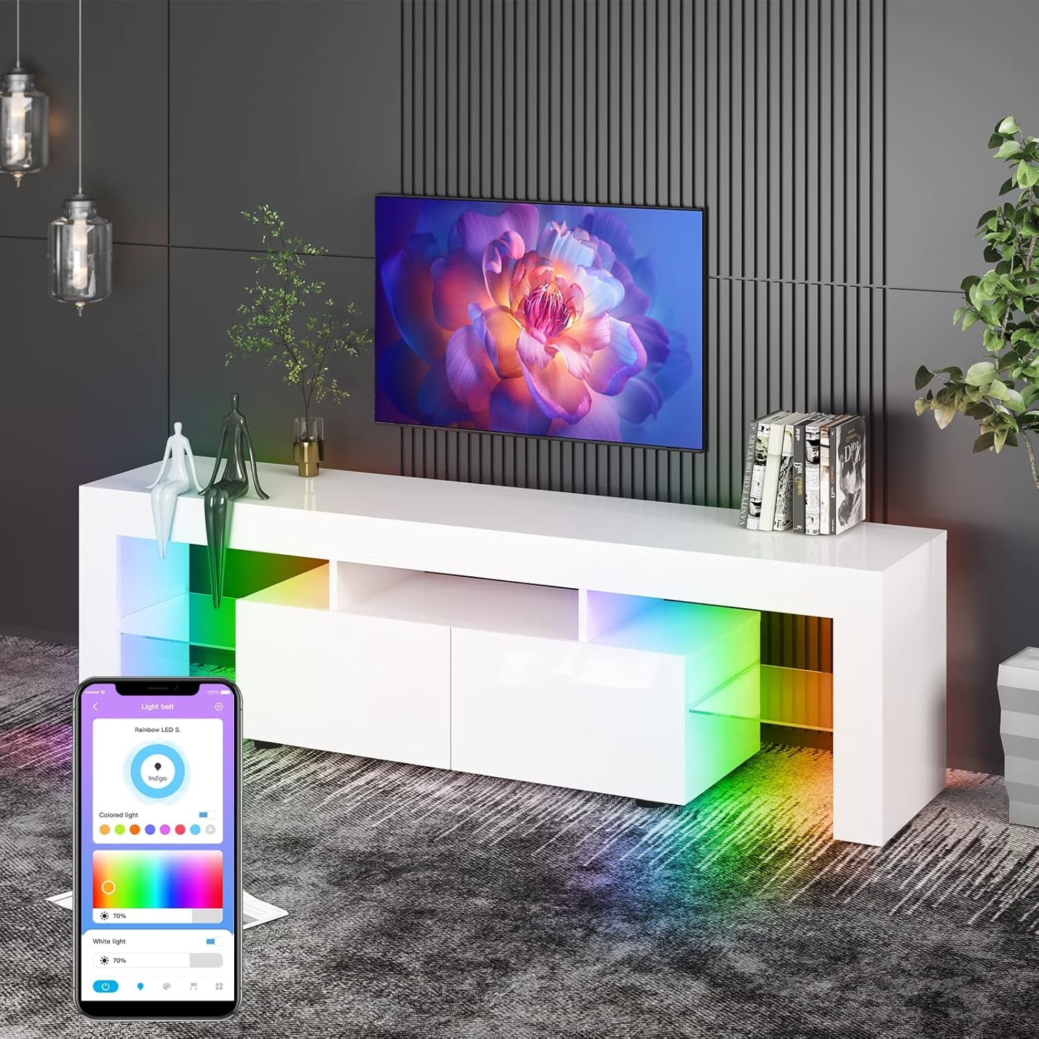 White TV Stand for 65+Inch TV, Led TV Stands Control RGB Light Strips by Mobile Phone, High Gloss Television Stands,Entertainment Center with 2 Drawer Suitable for Living Room/Bedroom (White)