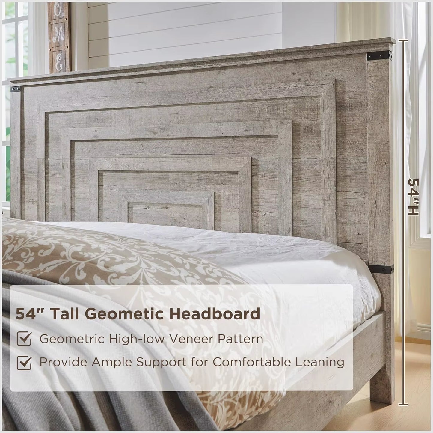 Farmhouse King Size Bed Frame W/ 54" Tall Geometric Headboard, Rustic Wood Platform Bed W/ 2 Large Storage Drawers