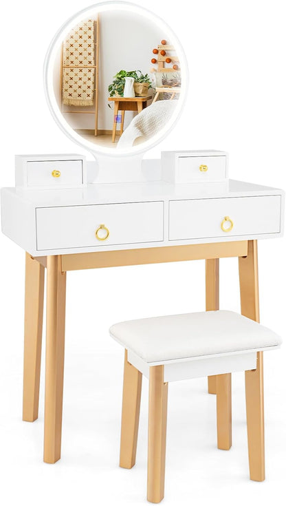 Vanity Desk with Mirror and Lights, White Makeup Vanity Desk with 4 Drawers, 3 Color Lighting Modes, Adjustable Brightness, Modern Dressing Table with Vanity Stool for Girls Small Bedroom