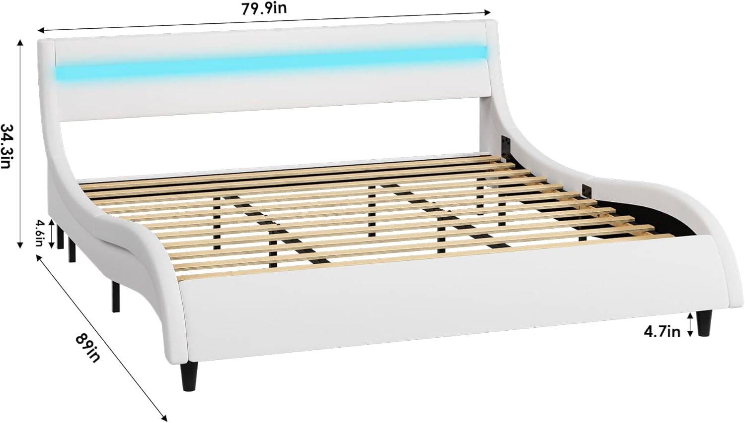 Modern Upholstered Platform Bed Frame with LED Lights and Curved Headboard, Faux Leather Wave-Like Platform Bed Frame,Strong Wood Slats Support, Easy Assembly, White, King Size