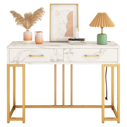 Console Table Modern Entryway with Storage Drawers Outlets USB, Narrow Faux Marble Sofa Coffee Desk, Home Furniture Decor Indoor,Gold & White