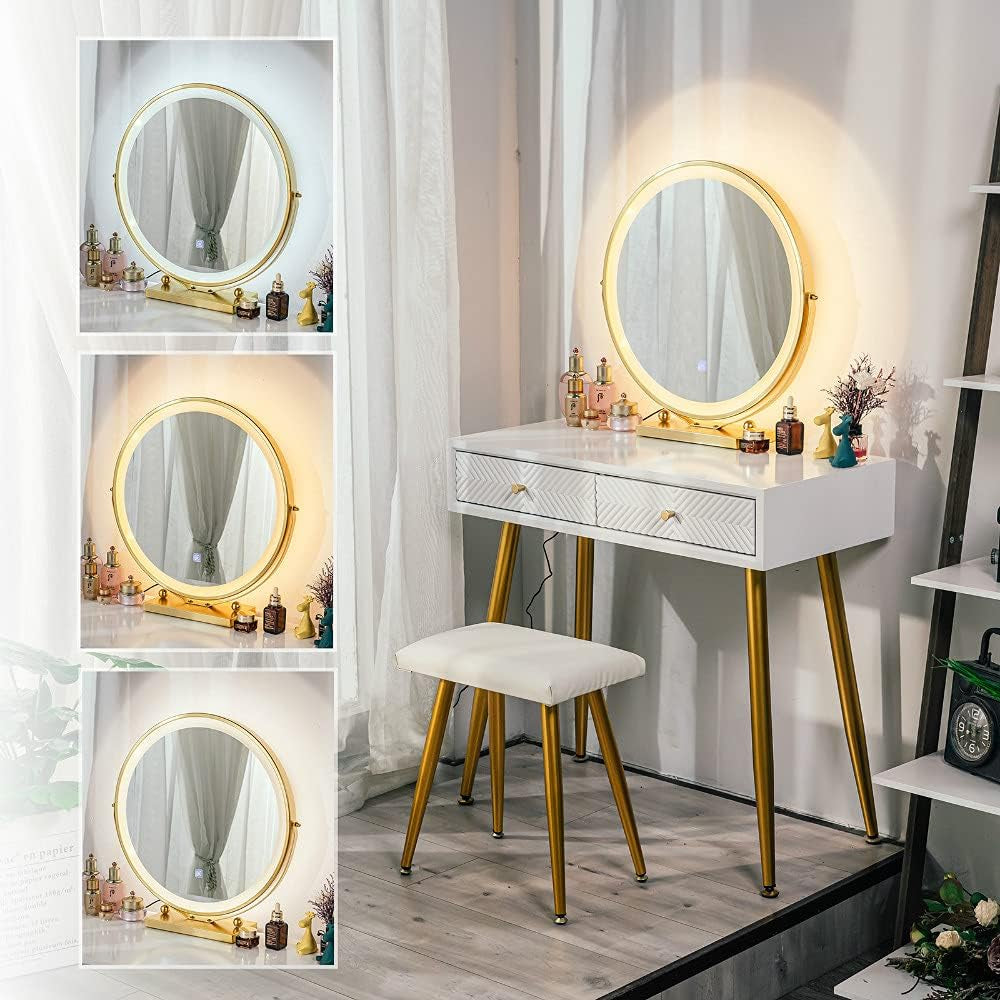 Vanity Table Set with 3 Modes Adjustable Brightness Mirror and Cushioned Stool, White Dressing Table Vanity Makeup Table