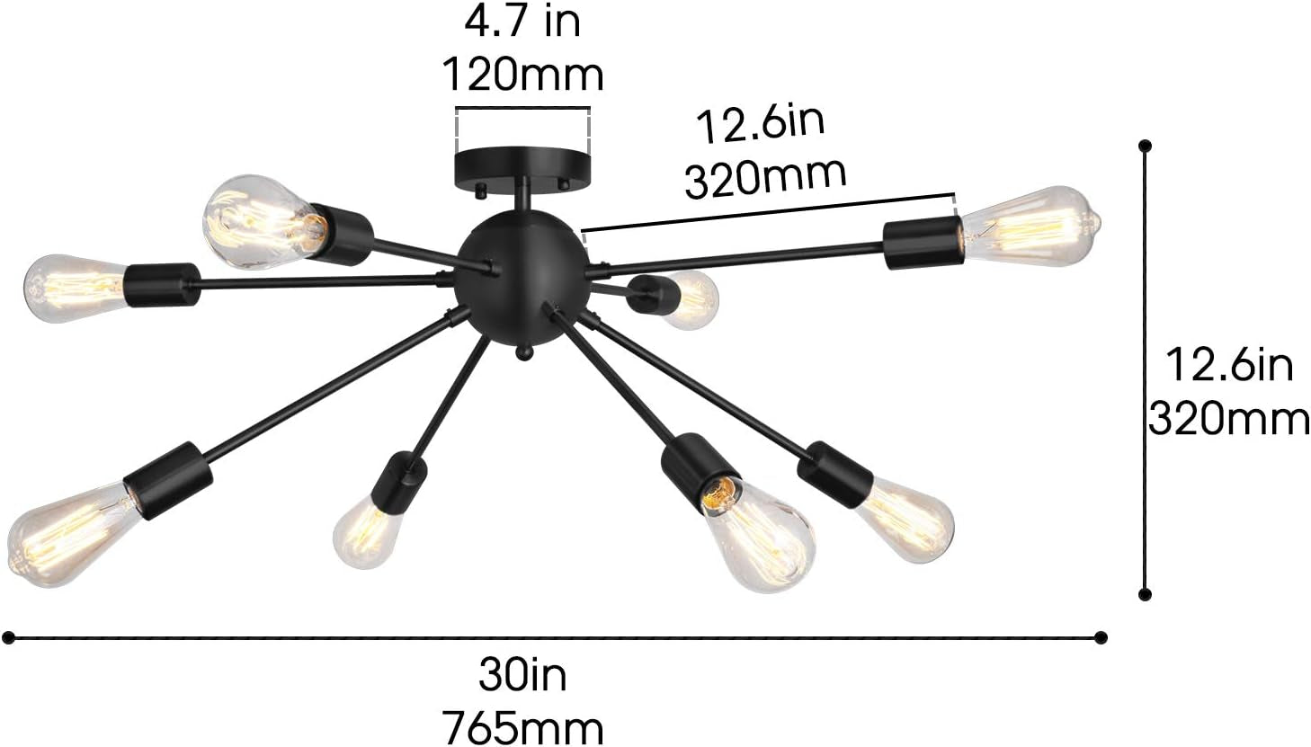 Sputnik Chandelier 8 Lights Semi Flush Mount Ceiling Light Modern Pendant Light Fixture, Black, Bedroom Dining Room Kitchen Living Room