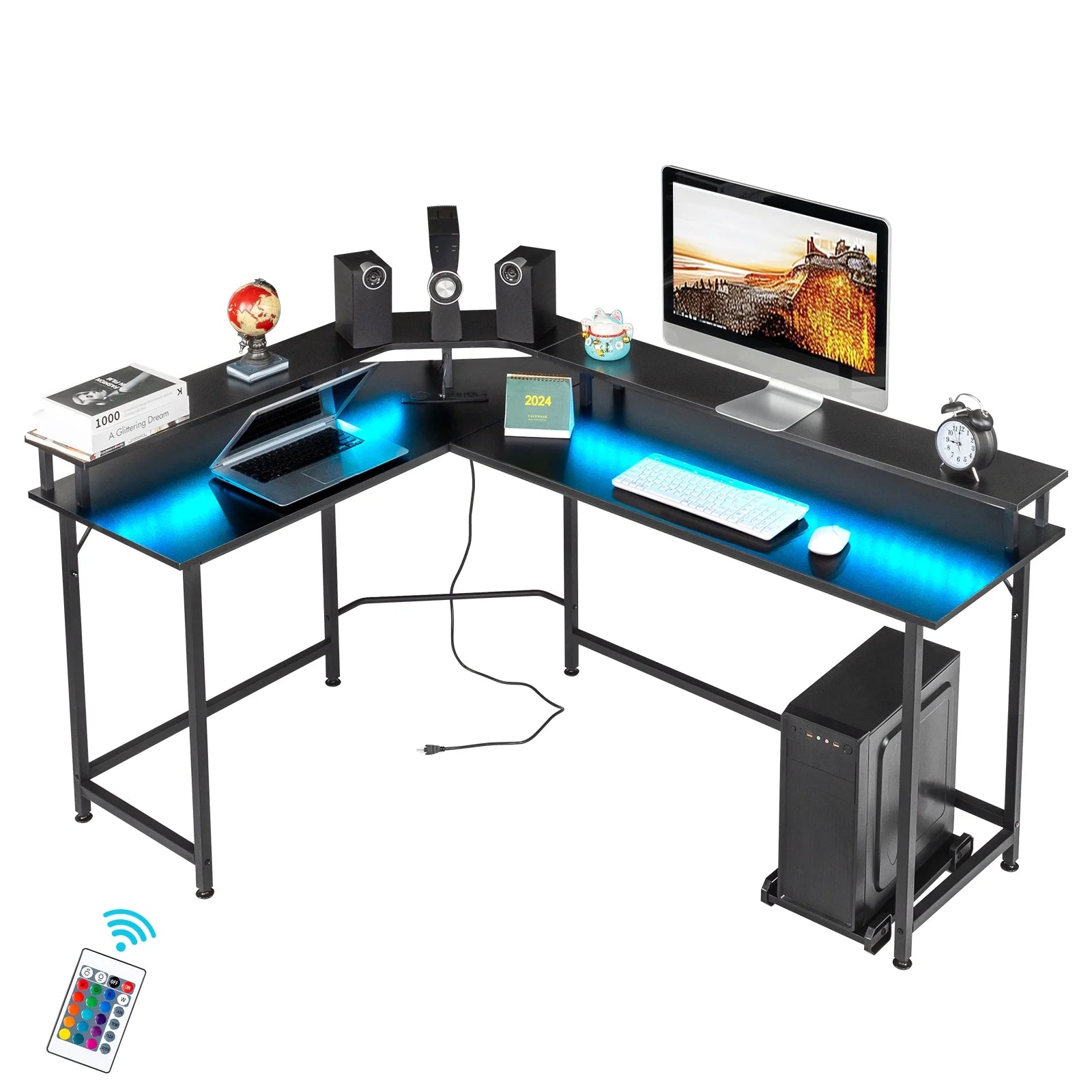 Ktaxon L-Shaped Gaming Desk with USB Wireless Charging, 55" Computer Desk with Monitor Stand, Corner Writing Desk with LED Light, Black