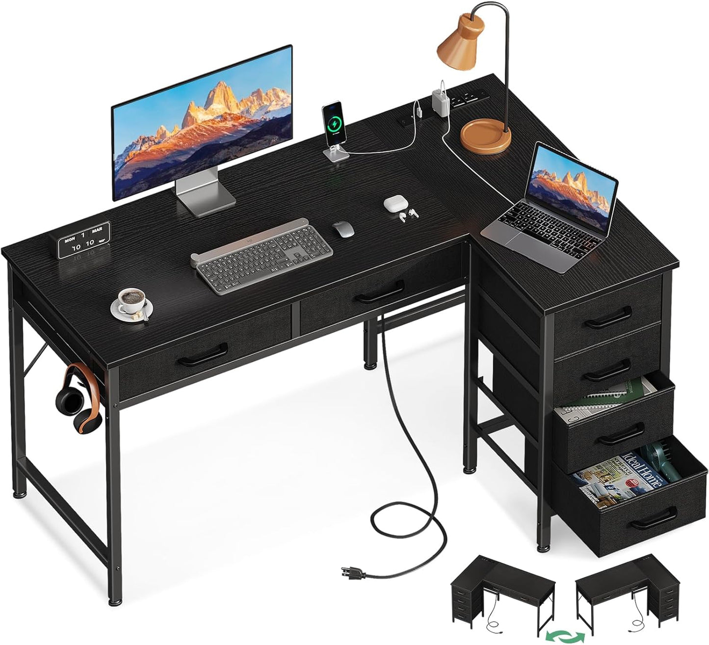42 Inch L Shaped Desk with Drawers, Computer Desk with Power Outlets, Home Office Desk with 6 Drawers, Reversible Corner Desk for Small Space, Study Work Table with Hook, Black