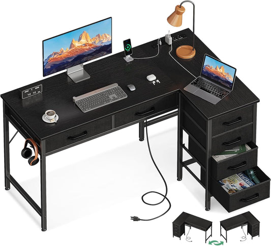 42 Inch L Shaped Desk with Drawers, Computer Desk with Power Outlets, Home Office Desk with 6 Drawers, Reversible Corner Desk for Small Space, Study Work Table with Hook, Black