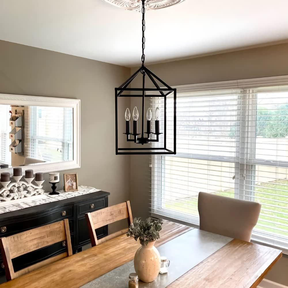 Black Farmhouse Pendant Light,Lantern Chandelier, Industrial Kitchen Light Fixture for Foyer Dining Room, Kitchen Island, Hallway (17''X11.8'', 4-Light, E12)