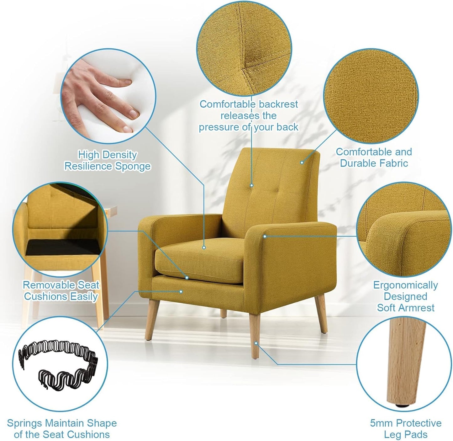 Accent Chair, Modern Comfy Arm Chair Upholstered Armchair Tufted Button Linen Fabric Single Sofa Accent Chair with Arms for Living Room Bedroom Small Spaces Apartment Office Mustard Yellow