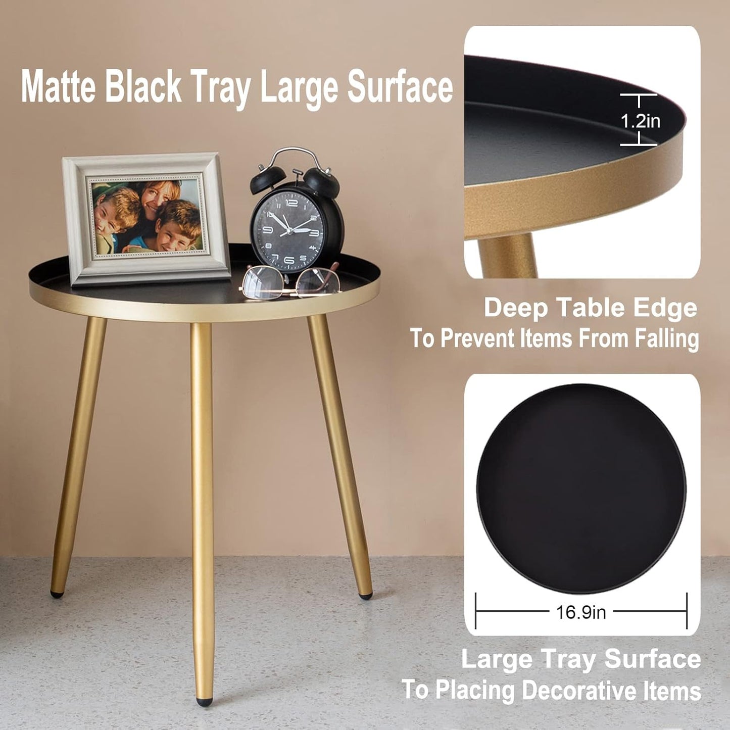 Side Table: End Table for Any Room - round Side Tables for Small Spaces - Black Top with 3 Gold Legged