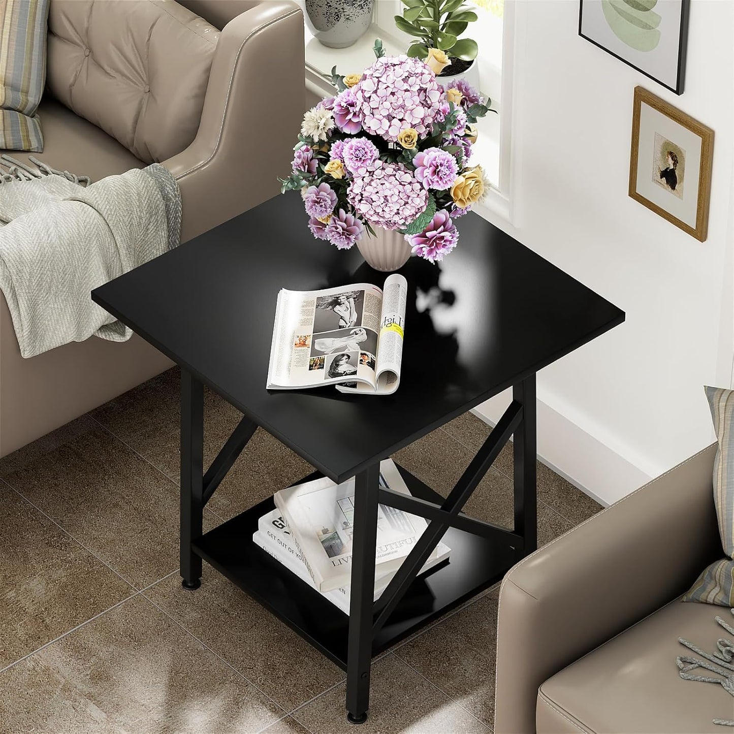 End Table 24 Inch for Living Room, Large Square Side Tables with X-Frame, Tall Industrial Bedside Nightstand with 2-Tier Storage, Black