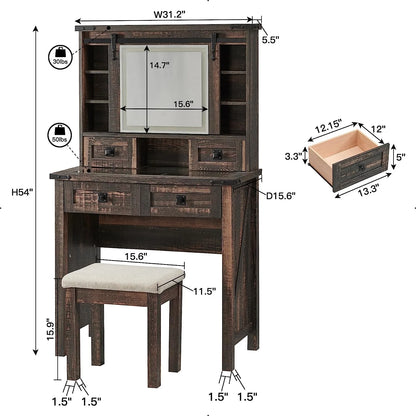 Farmhouse Rustic Makeup Vanity Desk with Sliding Mirror and Lights, Glass Top Vanity Set with Charging Station, 4 Drawers & 1 Cabinet, Includes Stool - Big Vanity for Bedroom, Dark Rustic Oak