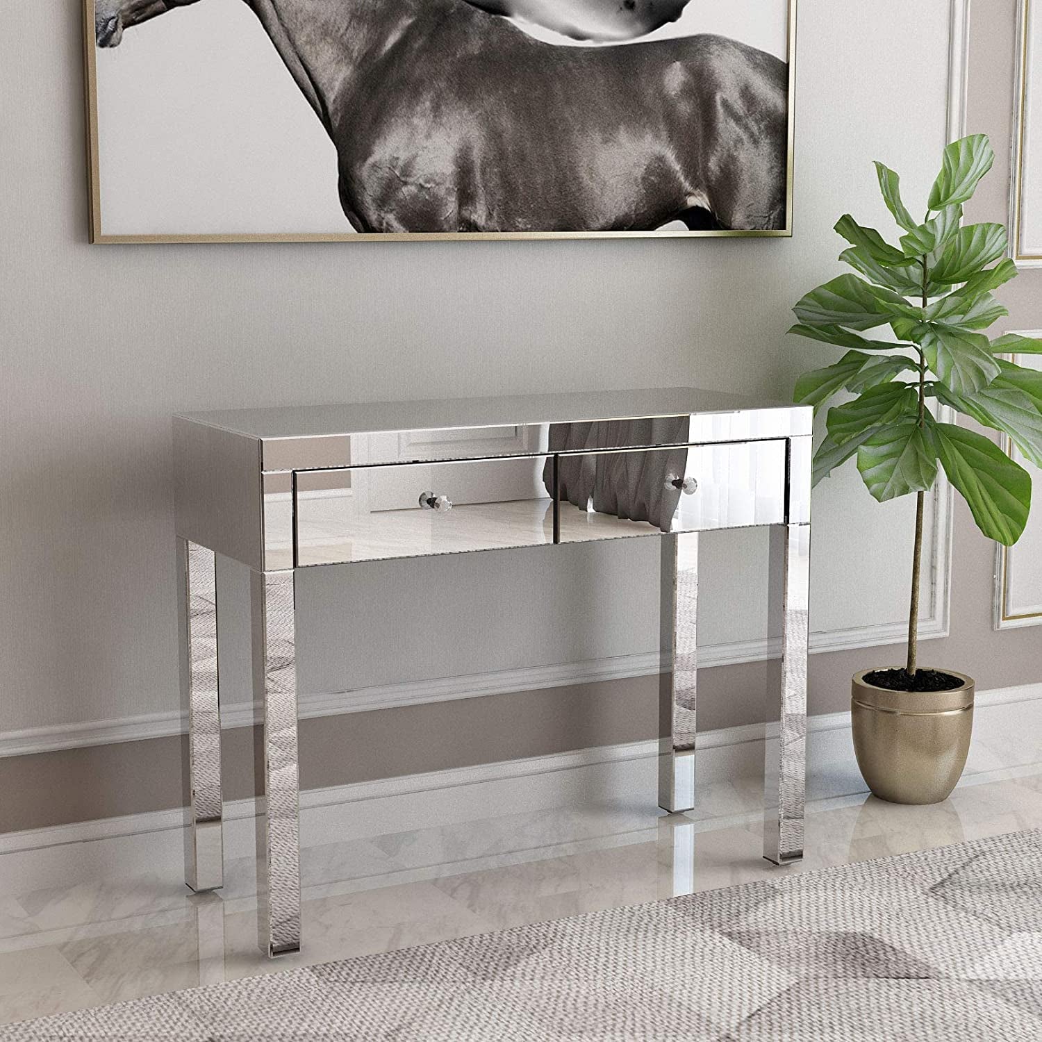 Mirrored Console Table Makeup Dressing Table,Modern Sofa Side Table Mirrored Desk Media Console Vanity Table with 2 Drawers,Entry Table for Women Girls Home Office Entryway Hallway