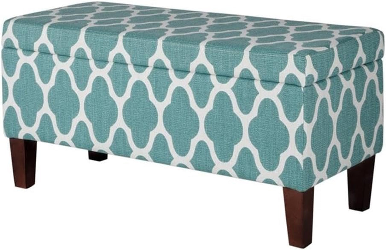 Large Upholstered Rectangular Storage Ottoman Bench with Hinged Lid, Teal Blue Geometric