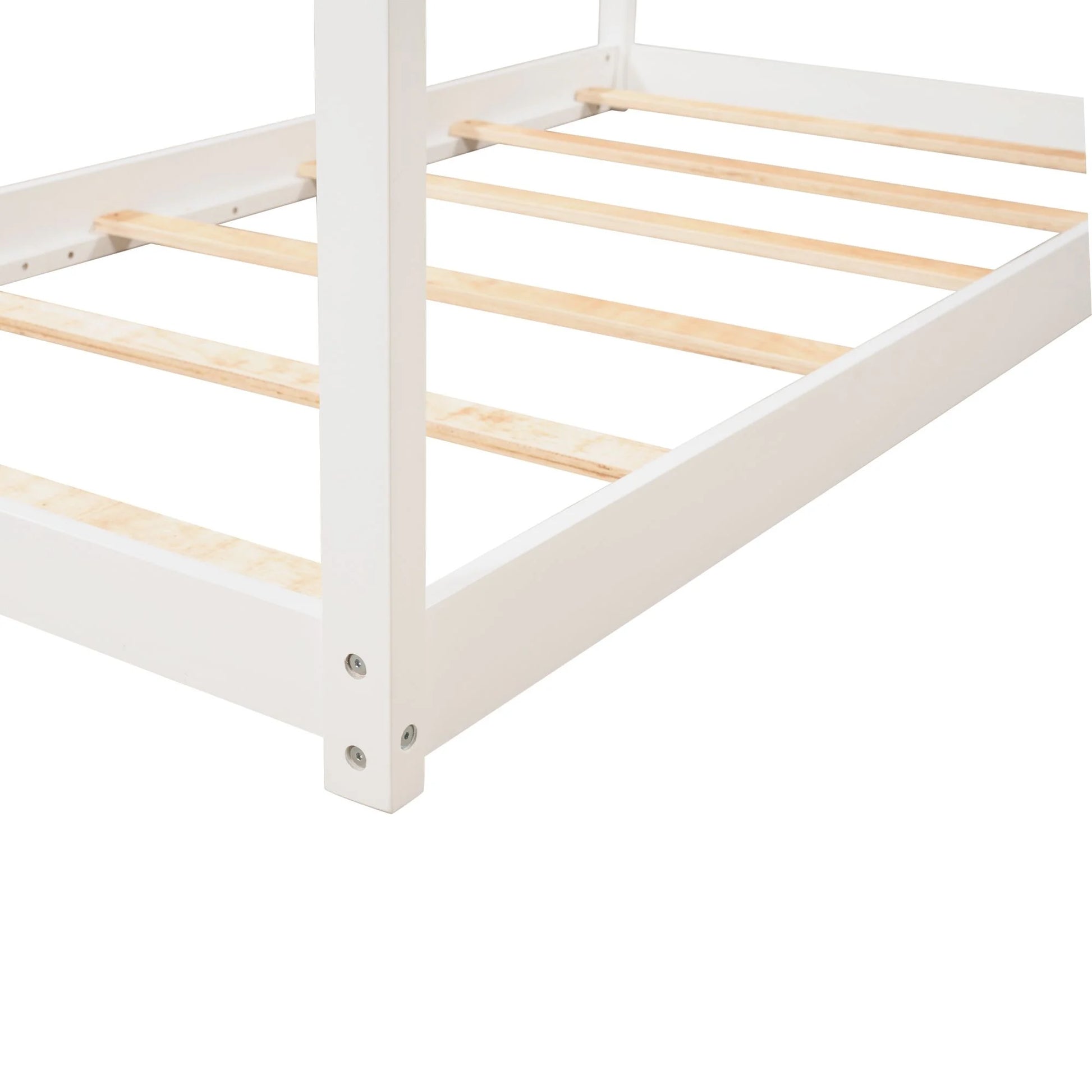 Wood Twin Size Kids House Bed Frame,Montessori Floor Bed for Toddler,White