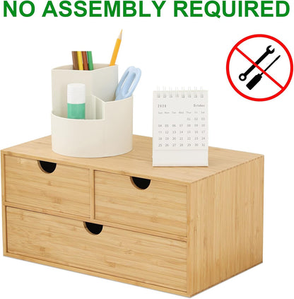 Bamboo Desk Organizer - Mini Desktop Drawer Tabletop Storage Organization Box for Office Home Toiletries Supplies, No Assembly Required (3 Drawer)