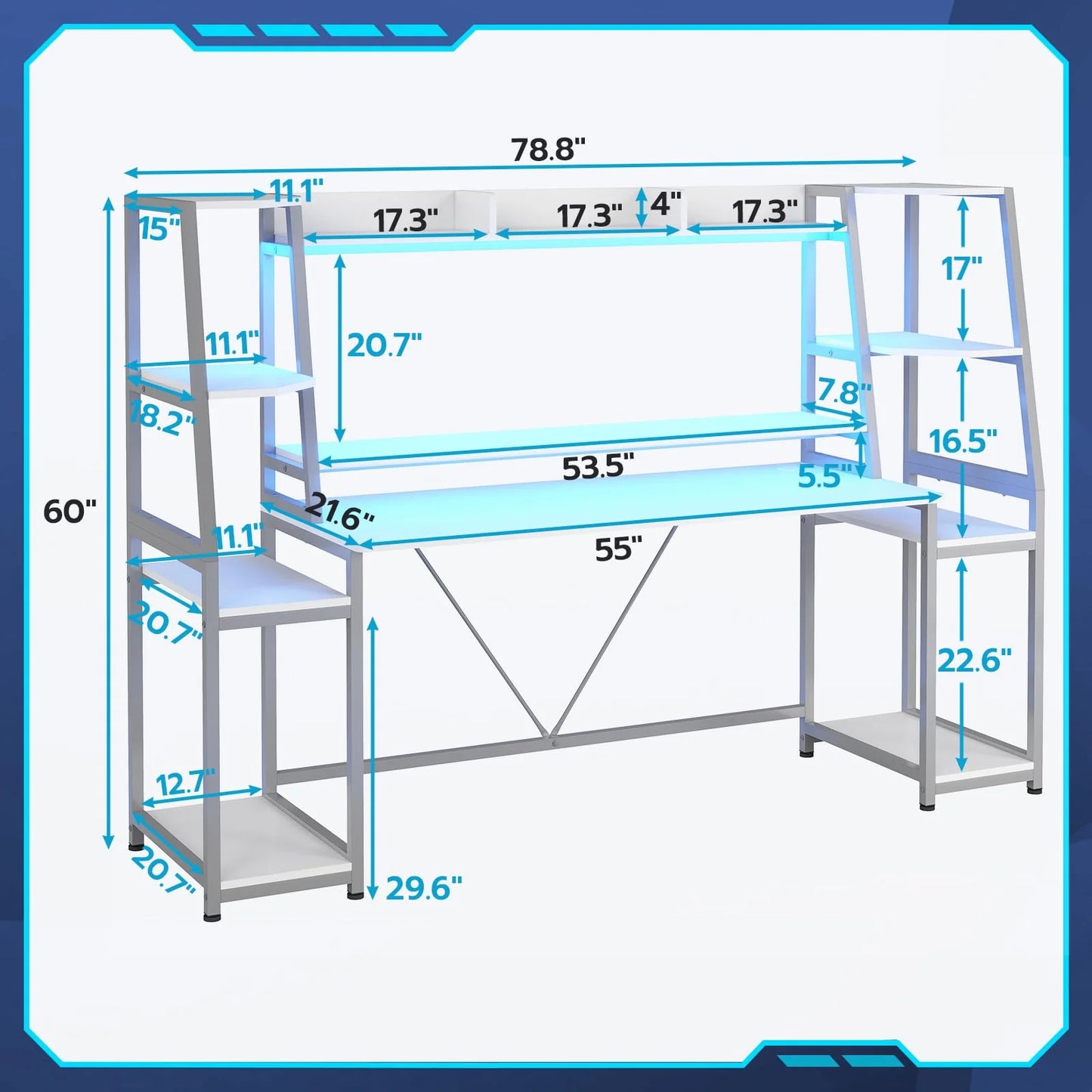 78.8 Inches Gaming Desk, Home Office Desk Computer Desk with LED Lights, Hutch and Storage Shelves, White