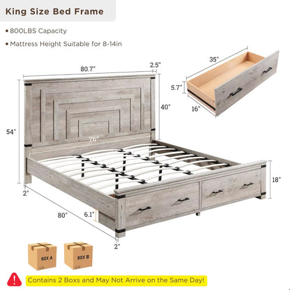 Farmhouse King Size Bed Frame W/ 54" Tall Geometric Headboard, Rustic Wood Platform Bed W/ 2 Large Storage Drawers