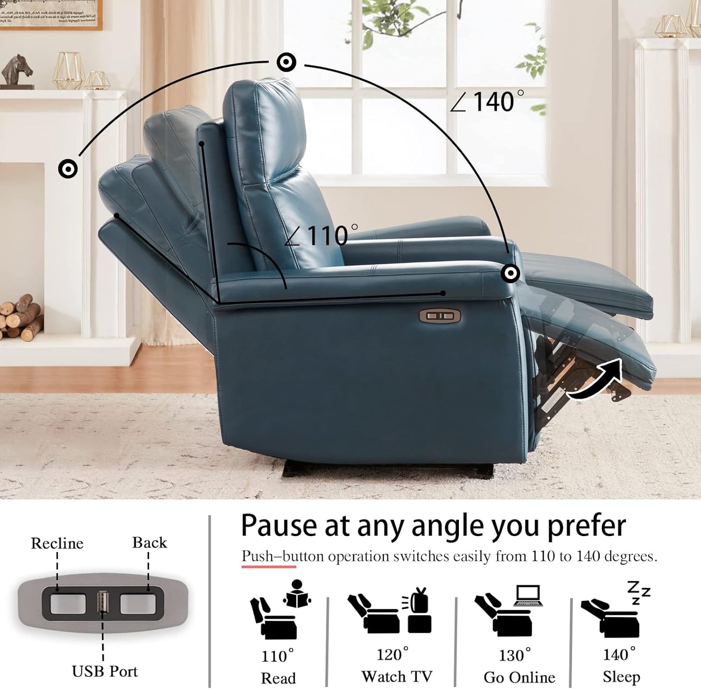 Electric Power Recliner Chair, Mid-Century Design Faux Leather Recliner, USB Charge Ports, Ergonomic Lounge Single Sofa for Bedroom, Living Room Chair, Blue