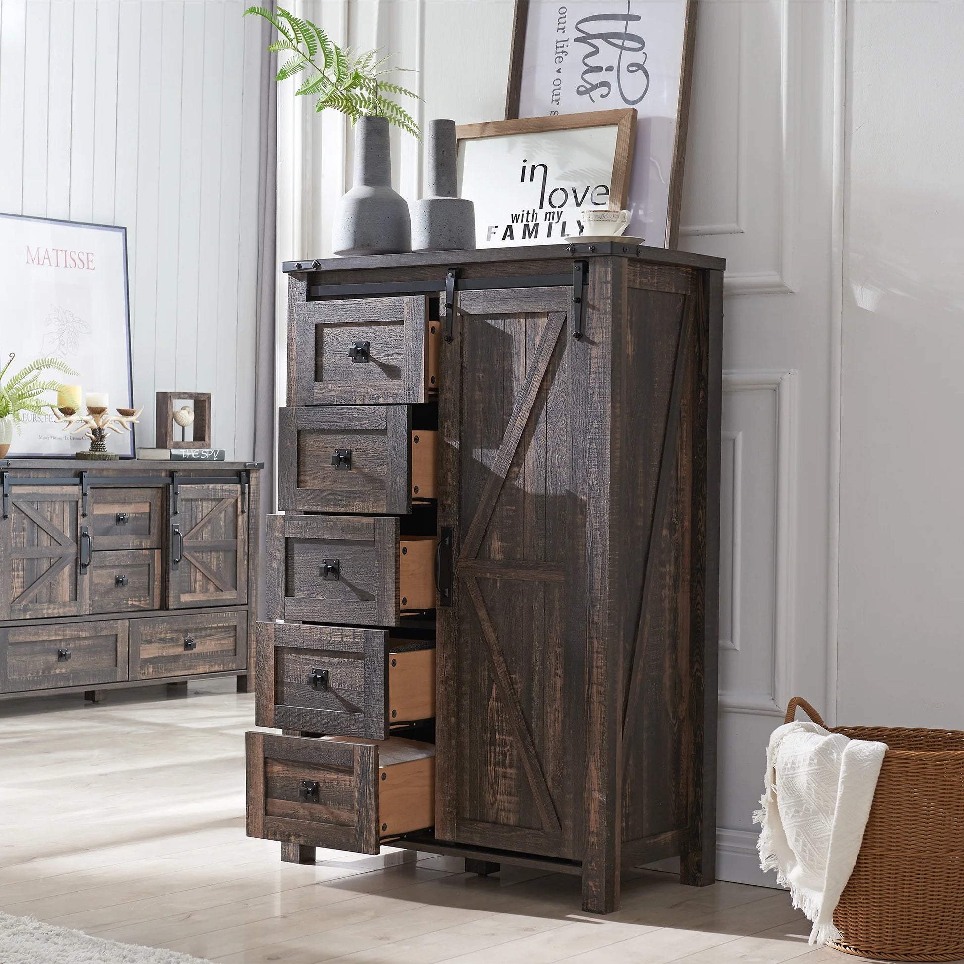 Modern Farmhouse 5-Drawer Dresser with Barn Door, Adjustable Storage Cabinet for Bedroom Living Room, Dark Rustic Oak