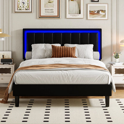 Queen Size , Black Queen Bed Frame with LED Light Headboard, Black