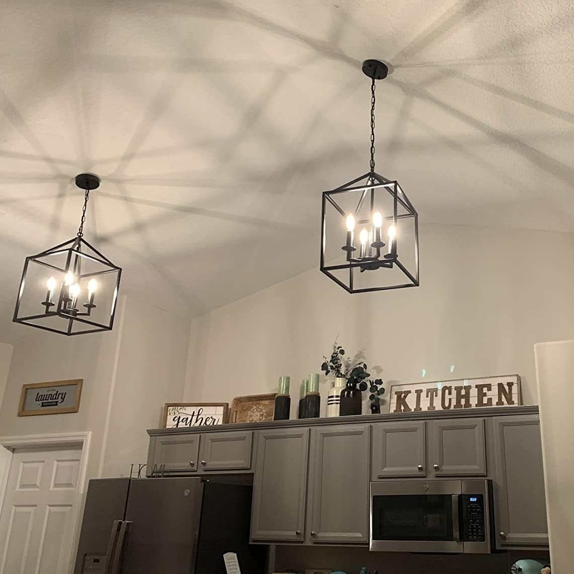 Black Farmhouse Pendant Light,Lantern Chandelier, Industrial Kitchen Light Fixture for Foyer Dining Room, Kitchen Island, Hallway (17''X11.8'', 4-Light, E12)