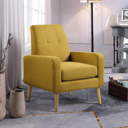 Accent Chair, Modern Comfy Arm Chair Upholstered Armchair Tufted Button Linen Fabric Single Sofa Accent Chair with Arms for Living Room Bedroom Small Spaces Apartment Office Mustard Yellow