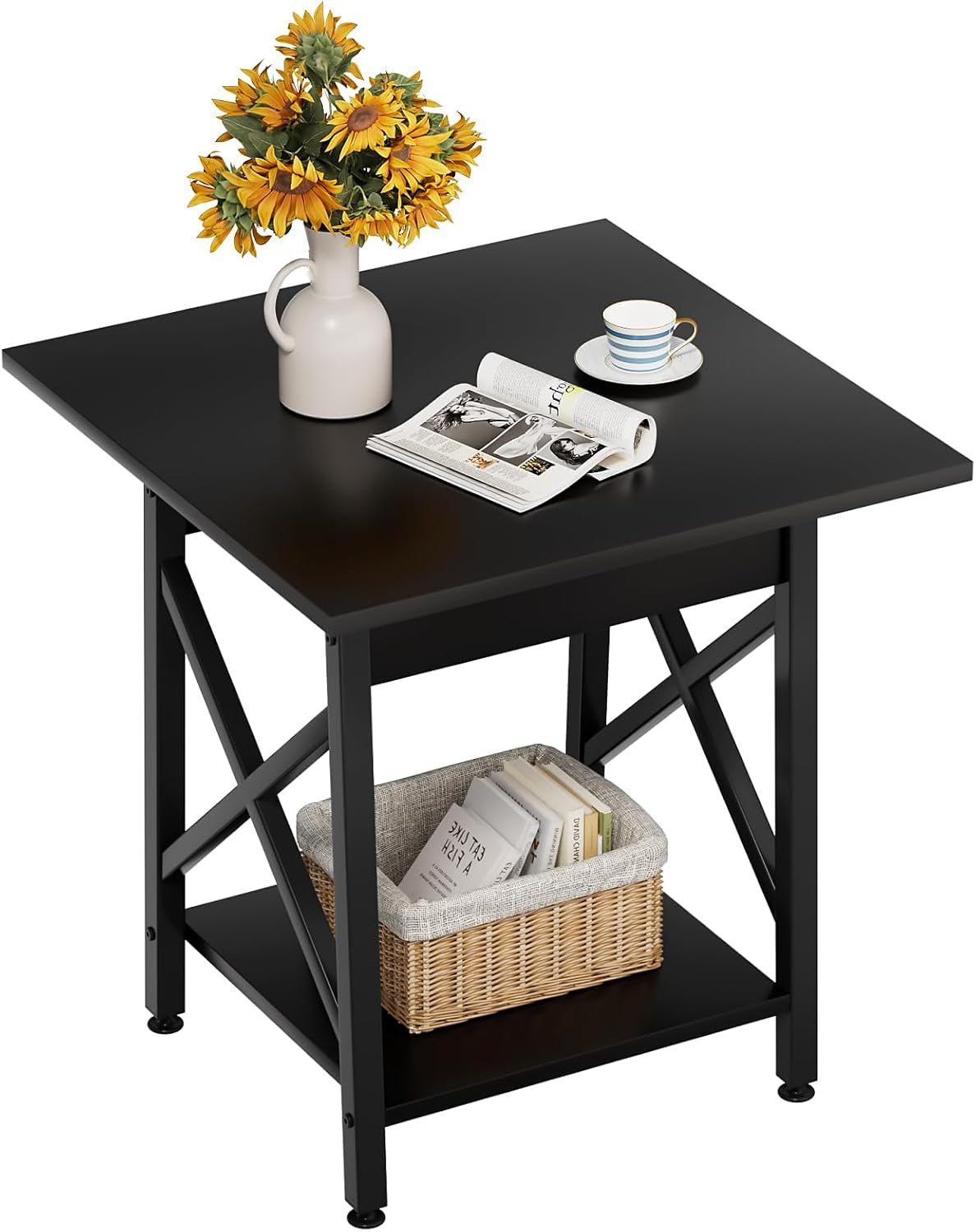 End Table 24 Inch for Living Room, Large Square Side Tables with X-Frame, Tall Industrial Bedside Nightstand with 2-Tier Storage, Black