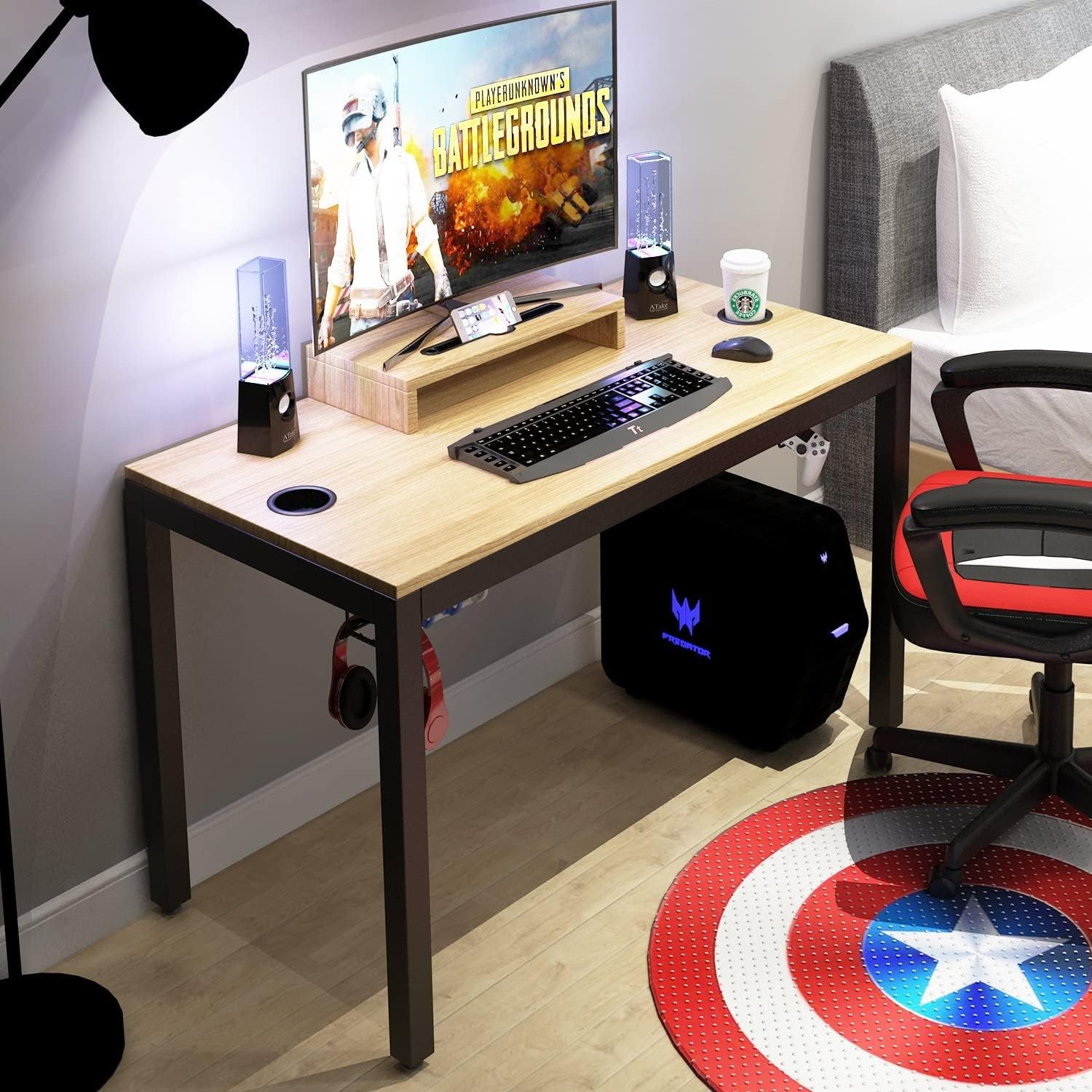 Gaming Computer Desk, 47 Inches Desk Gaming Table Workstation Desk with Display Stand and Cable Management and Headphone Holder, Teak BHUS-AC14BB