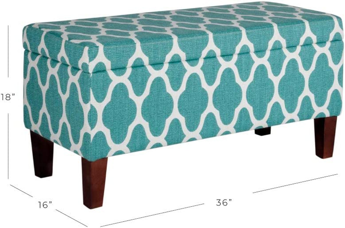 Large Upholstered Rectangular Storage Ottoman Bench with Hinged Lid, Teal Blue Geometric