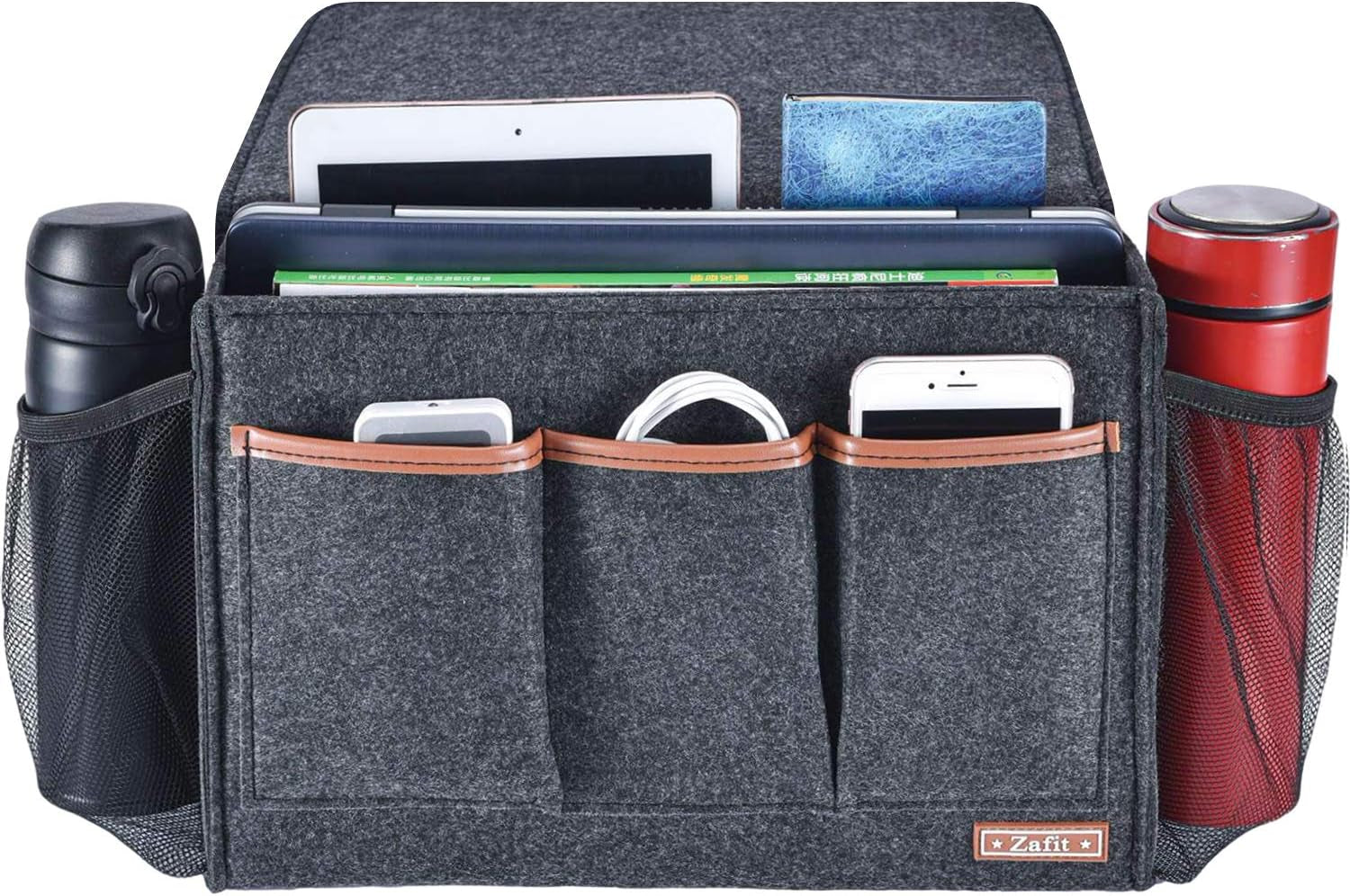 Bedside Caddy, Large Size Storage Organizer with 8 Pockets - Holds Magazines, Remotes, Phone (13.4'' X 18.1'', Dark Grey)