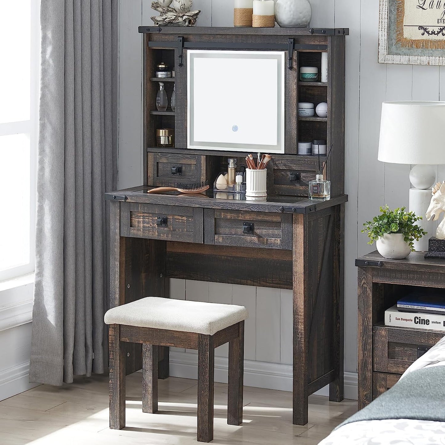 Farmhouse Rustic Makeup Vanity Desk with Sliding Mirror and Lights, Glass Top Vanity Set with Charging Station, 4 Drawers & 1 Cabinet, Includes Stool - Big Vanity for Bedroom, Dark Rustic Oak