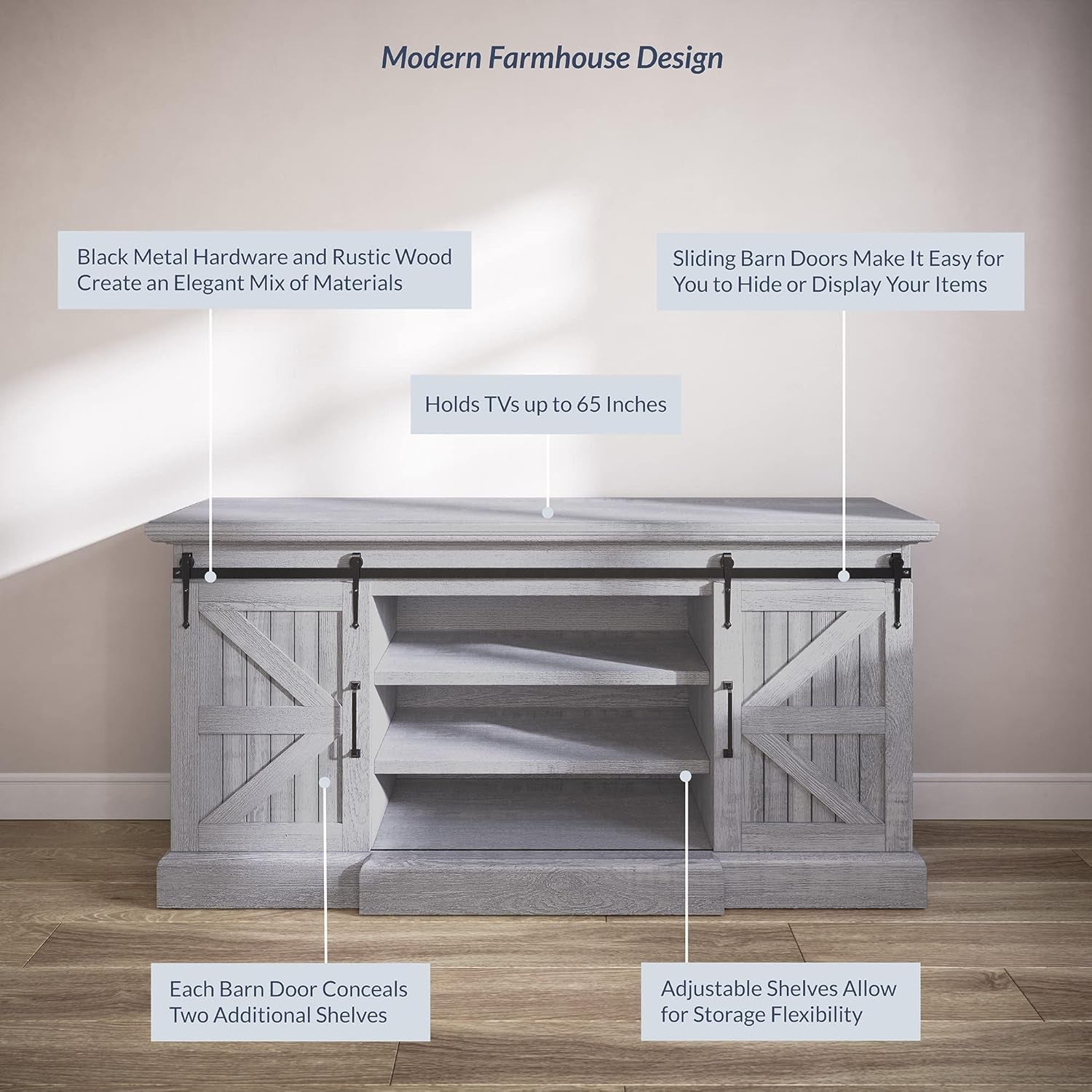 Modern 60 Inch Farmhouse TV Stand, Entertainment Center for Tvs up to 65 Inch, Storage Cabinet with Adjustable Shelves and Barn Doors - Ashford (Stone Grey)