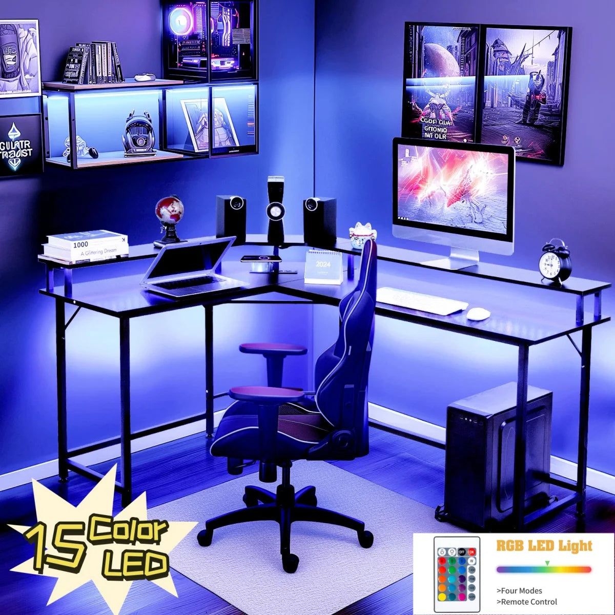 Ktaxon L-Shaped Gaming Desk with USB Wireless Charging, 55" Computer Desk with Monitor Stand, Corner Writing Desk with LED Light, Black