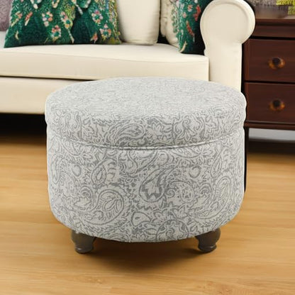 Home Decor | Upholstered round Storage Ottoman | Ottoman with Storage for Living Room & Bedroom, Gray Floral