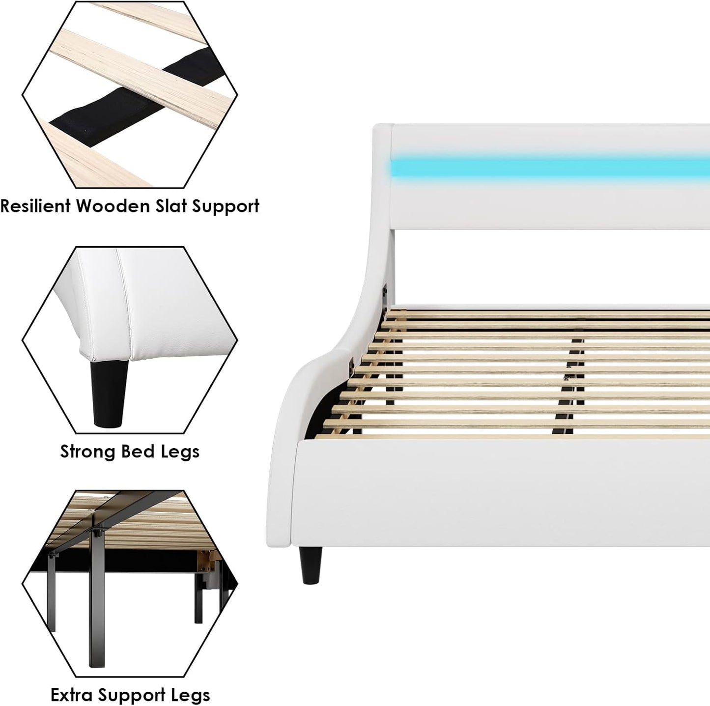 Modern Upholstered Platform Bed Frame with LED Lights and Curved Headboard, Faux Leather Wave-Like Platform Bed Frame,Strong Wood Slats Support, Easy Assembly, White, King Size