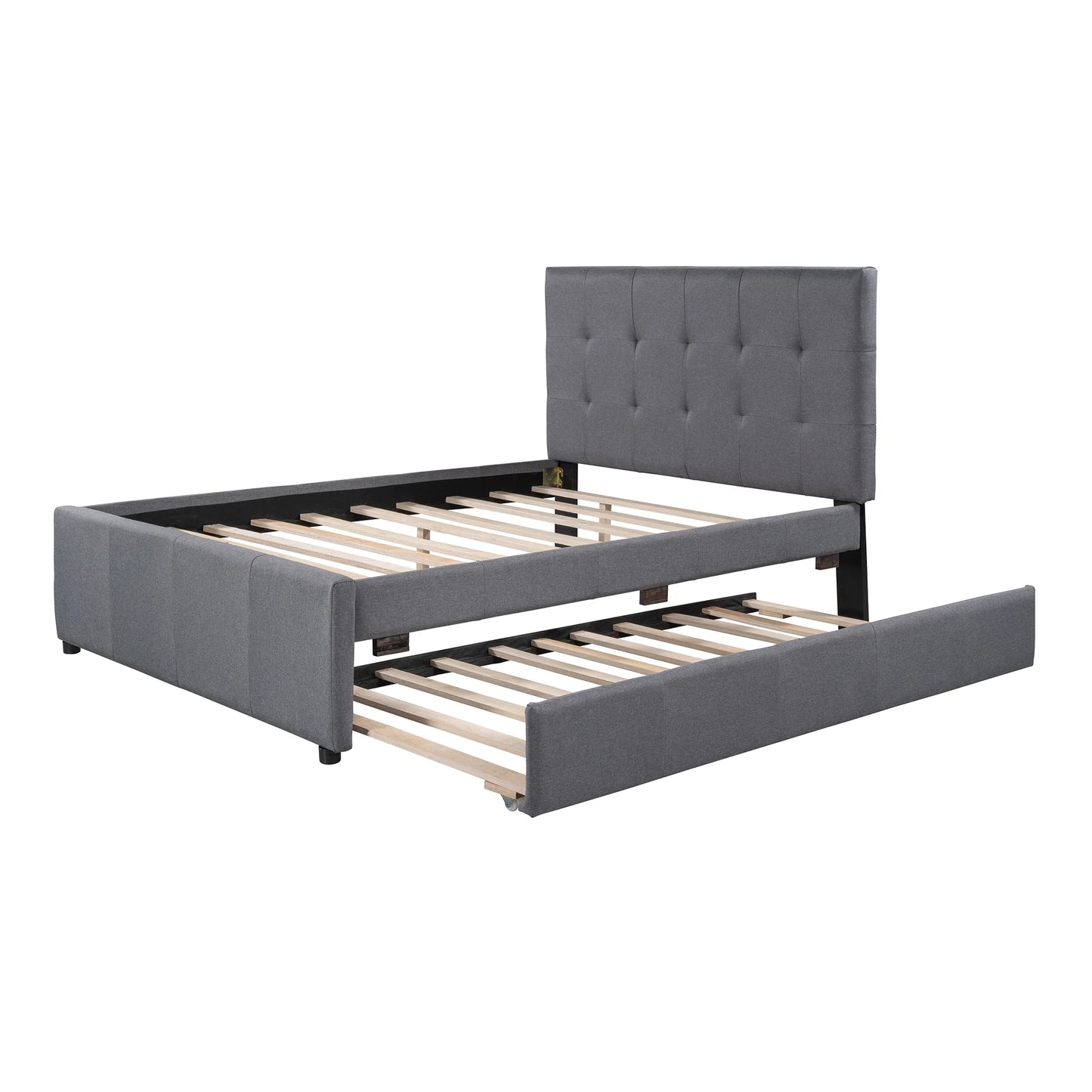 Line Full Size Upholstered Platform Bed with Trundle for Kids, Gray