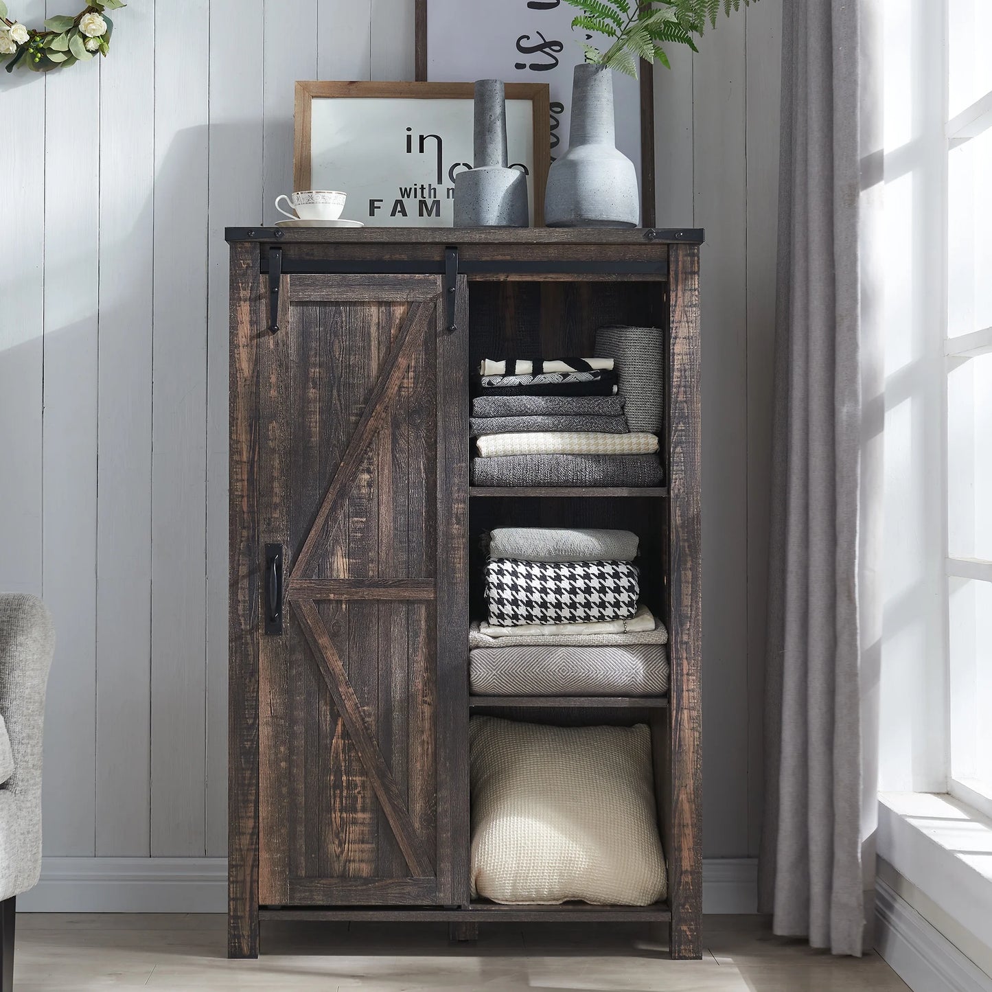 Modern Farmhouse 5-Drawer Dresser with Barn Door, Adjustable Storage Cabinet for Bedroom Living Room, Dark Rustic Oak