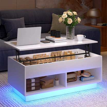 LED Lift Top Coffee Table with Hidden Compartment High Gloss White Coffee Tables Center Rising Cocktail Table for Living Room Accent Furniture