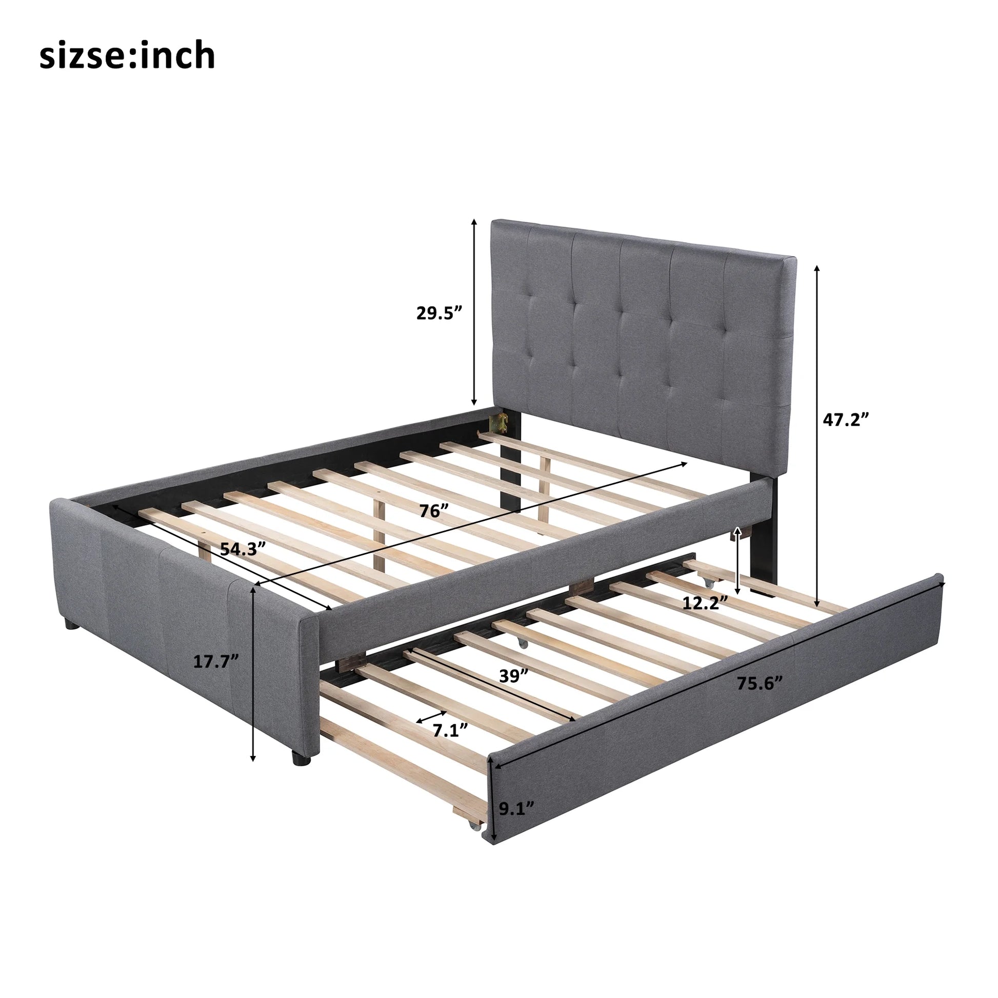 Line Full Size Upholstered Platform Bed with Trundle for Kids, Gray